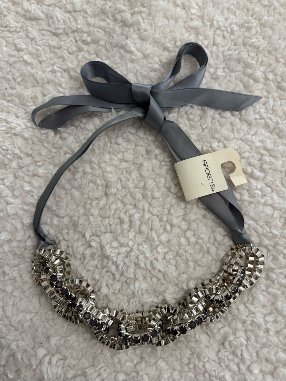 Arden B Crystal-Link & Grey Silk Ribbon Necklace
